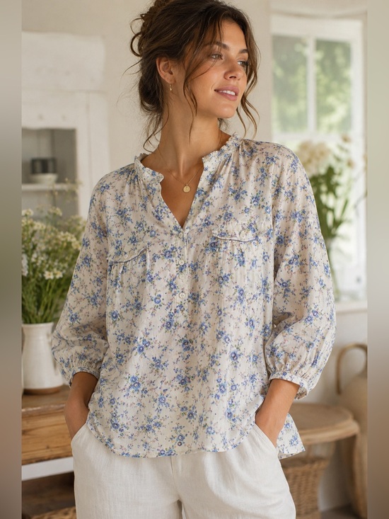 Eden & Olivia Tops - Eden & Olivia Floral Peasant Blouse Cottagecore Prairie Cotton Top Blue Cream XL